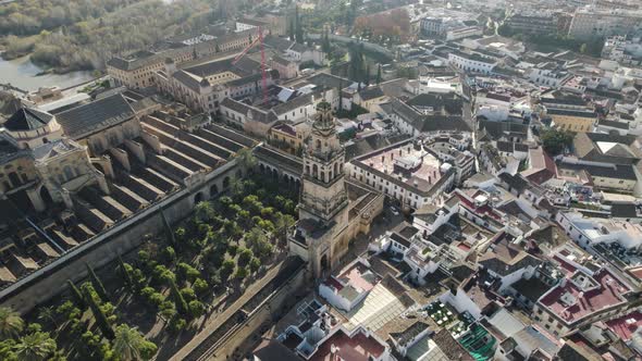 Topdown view towards scenic Bell tower of Mosque-Cathedral of Cordoba, Torre del Campanario. Spain
