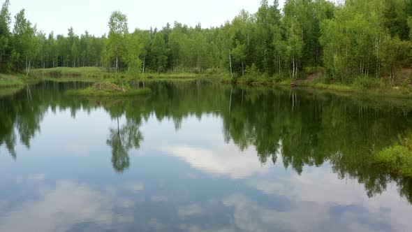 Aerial view of a forest lake with small island.