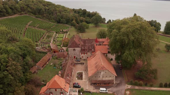 Jib down of monumental buildings in rural Switzerland alt