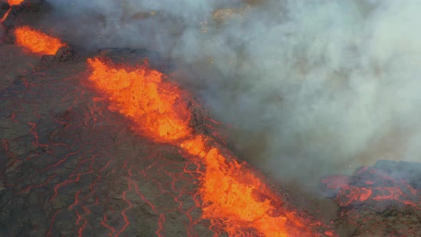 Aerial Drone Footage Of Fagradalsfjall Volcano Scenery. Exploding Lava Erupting Of Volcanic Fissure alt