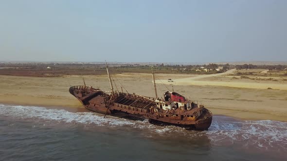 Aerial view of a shipwreck at the beach, Angola, Africa alt