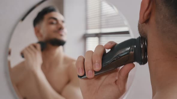 Mirror Reflection Handsome Indian Arabian Caucasian Spaniard Bearded Man Guy Shaves Beard with alt