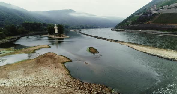 The Rhine River at Bingen Am Rhine in Germany. View of the Mouse Tower and the Ruins of Castle alt