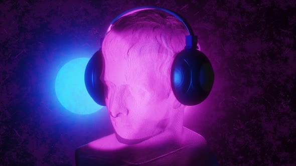 3d head moves to the rhythm of the music Around spinning lighting neon pink blue