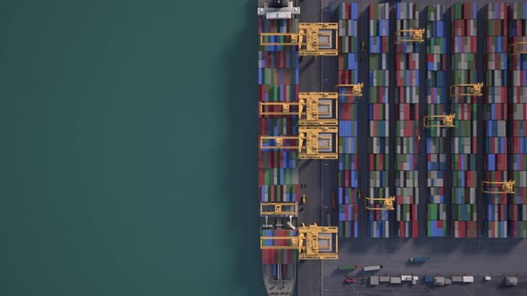 A modern industrial port with containers with a view from above