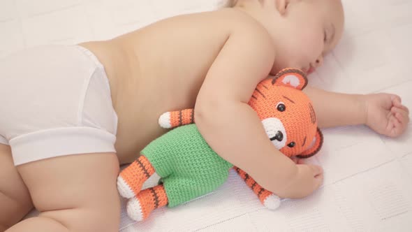 Toddler 12-17 months old sleeps in bed hugging a knitted tiger toy. Top view alt