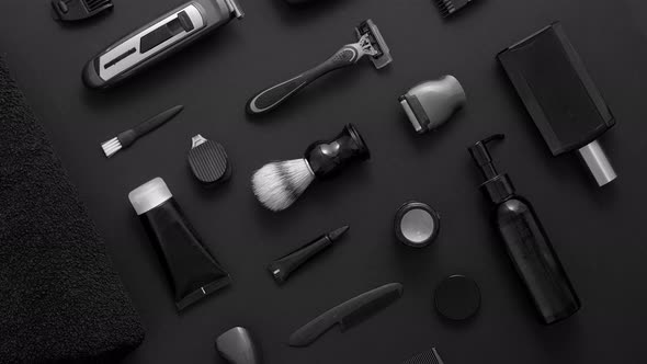 Men Beauty and Health Concept. Various Shaving and Bauty Care Accessories Placed on Black Background alt