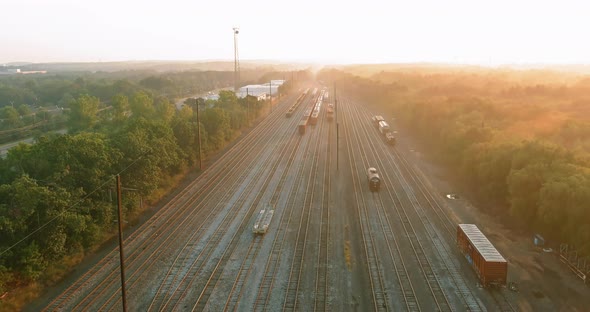 Aerial View with Railroad in Motion Railway at Main Lines at Sunset alt
