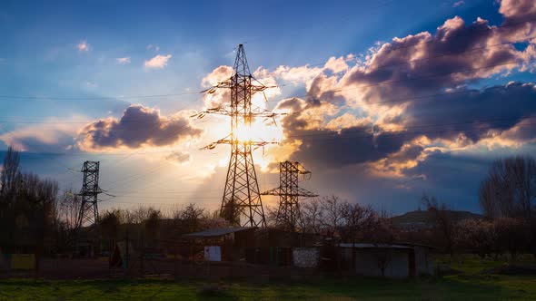 Timelapse Silhouette of High Voltage Electrical Pole Structure