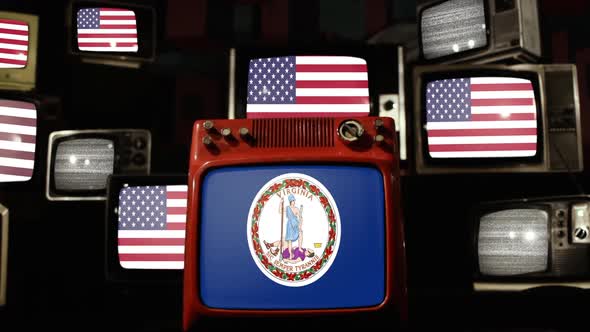 US Flags and Flag of Virginia on Retro TVs. alt