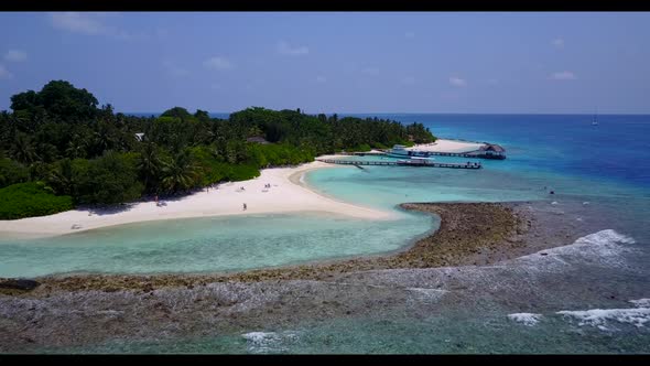 Aerial flying over scenery of exotic resort beach lifestyle by shallow lagoon and clean sand backgro alt