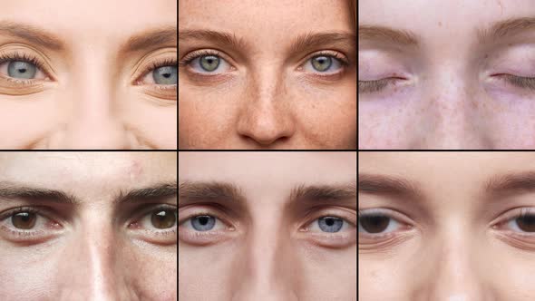 Multiscreen Diverse Collage of Men and Women Eyes Closeup Smiling at Camera Looking you