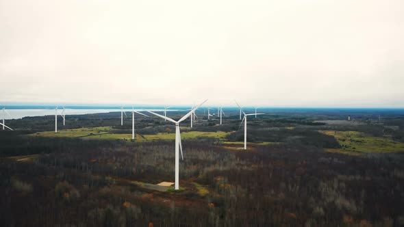 Drone Flying Above, Tilts Down on Windmill Turbine Farm Working at Autumn Forest Lake, Eco-friendly alt