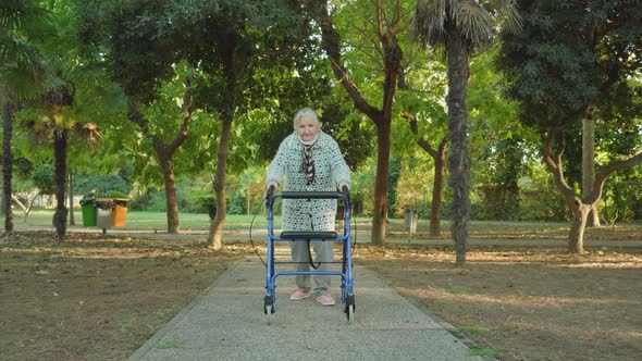 Old Woman Strolls Using Rollator Walkers in Autumn Park alt