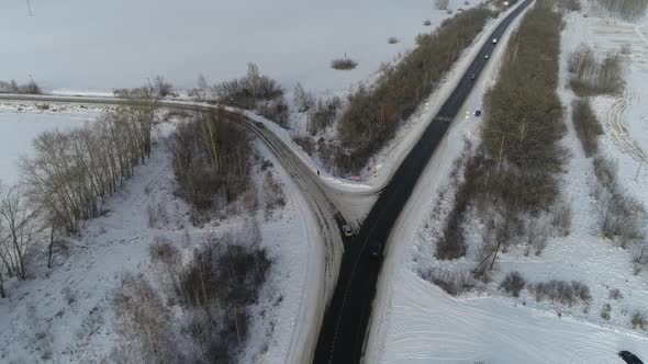 Aerial View Of Winter Road in Siberia