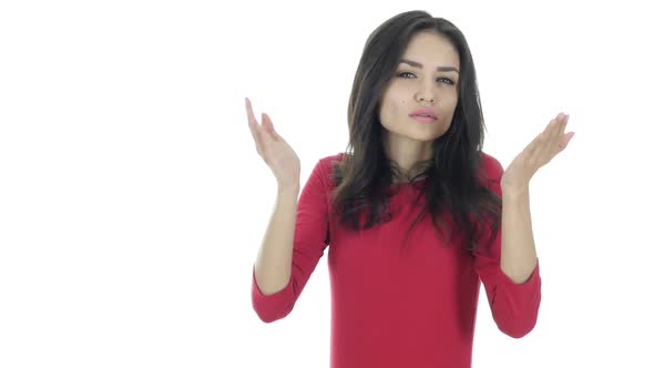 Beautiful Brunette Woman Using Smartphone, White Background alt