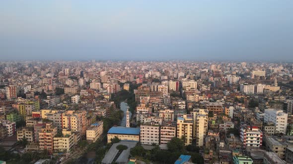 Panoramic aerial view of congested Dhaka city, mosque fly over ...