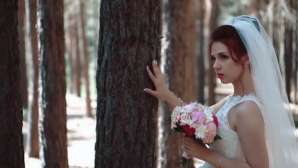 Bride Stands Near a Tree in the Forest and Holds Her Hand Over the Bark alt
