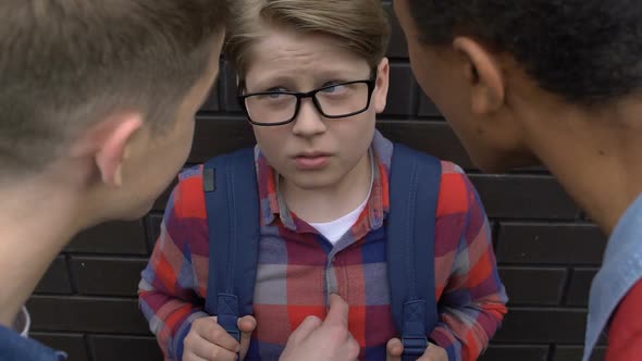 Aggressive Multiracial Abusers Mocking Nerd Guy in Eyeglasses, Humiliation alt