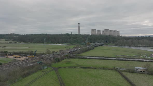 Ratcliffe Power Station, River Trent, Train Line Tracks, Aerial Landscape, Dull Day, Long Eaton, UK,