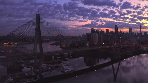 Drone Aerial View Of The Anzac Bridge With The Sydney City Skyline In The Background