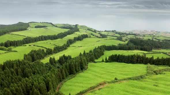 Mountain Landscape Covered Green Fields at Sao Miguel Island Azores Portugal alt