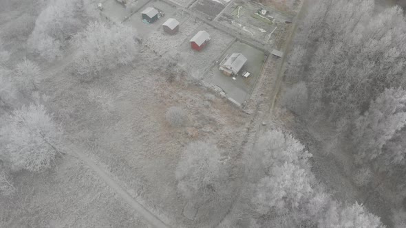 Frozen Winter Aerial Over Cultivation Plot Top Down Birds Eye