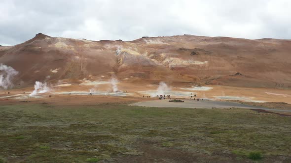 Landmannalaugar Geothermal Field in Iceland with drone video moving sideways wide shot. alt