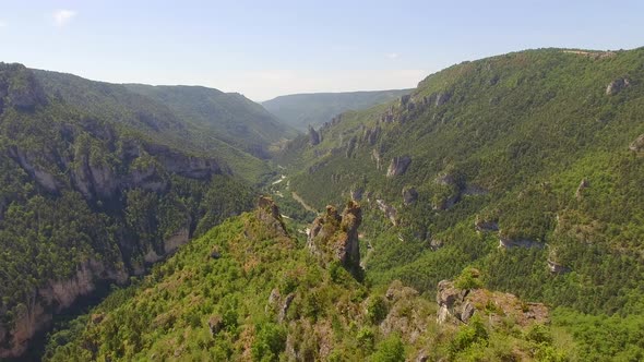Aerial travel drone view of Gorges du Tarn and the Tarn River, Southern France. alt
