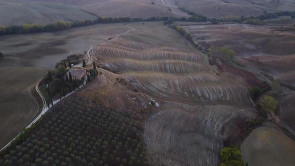 Val d'Orcia Countryside Valley in Tuscany Aerial View alt
