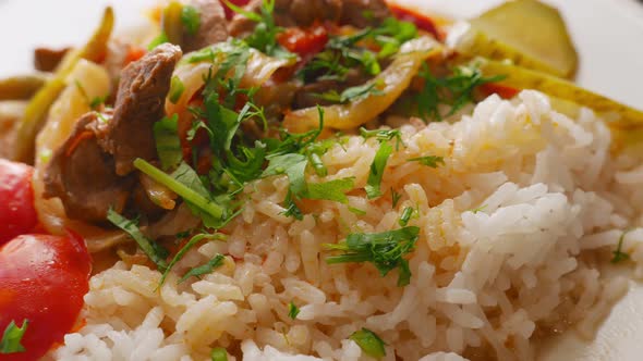 Rice Meat and Vegetables Ready for Dinner alt