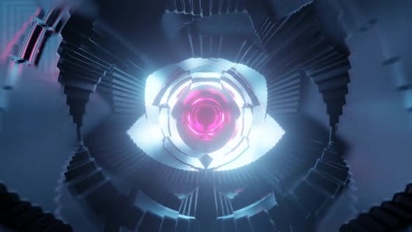 Metal tunnel. Abstract portal. Geometric shape. Moving through neon lights. Sci-fi transportation.