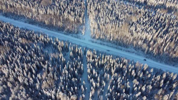 Aerial View From a Drone of a Road in the Middle of Snowcovered Trees and Snowcovered Forest on a