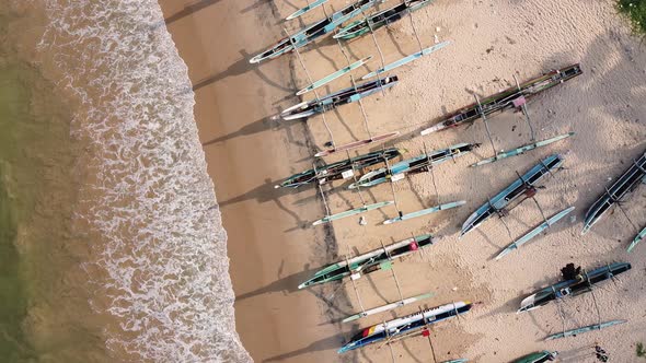 Traditional Sri Lanka Fishing Boats on the Beach. Aerial Drone Footage