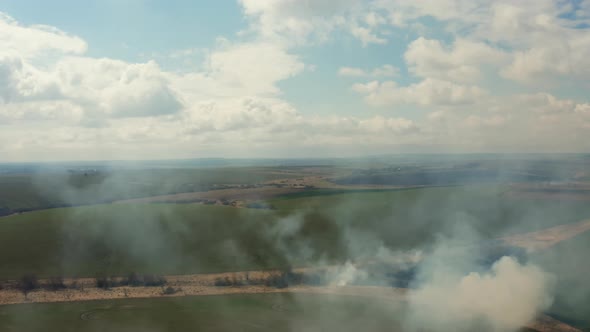 Flying above clouds of smoke over the burning field. Aerial top view footage. alt