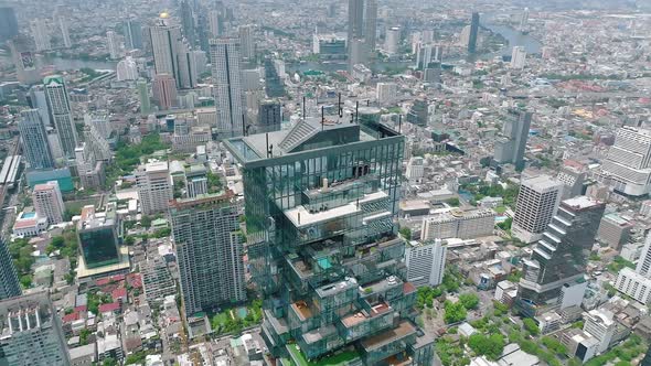 Aerial View of King Power Mahanakhon Tower in Sathorn Silom Central Business District of Bangkok alt