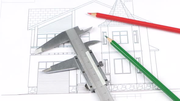 Calliper and Pencils on the Building Plan, Scheme, Rotation alt