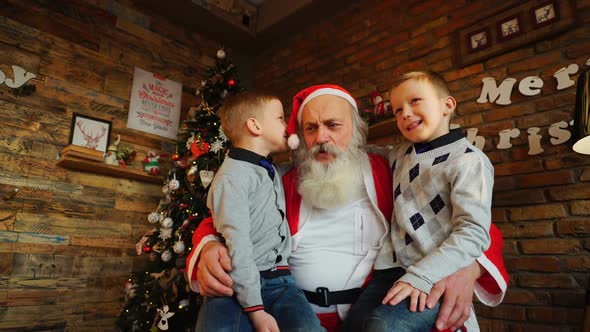  Two Twin Boys Alternately Make Wish in Ear of Santa Claus in Decorated Room for Christmas