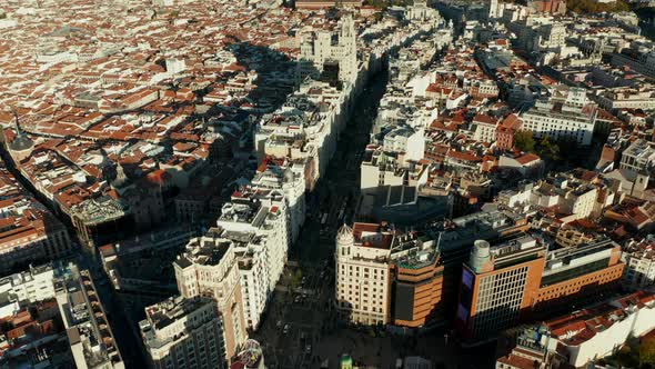Forwards Fly Above Gran Via Famous Shopping Street in City Centre alt