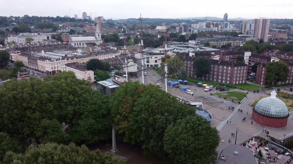 Drone View of the Waterfront with the Unique Cutty Sark Museum in London alt