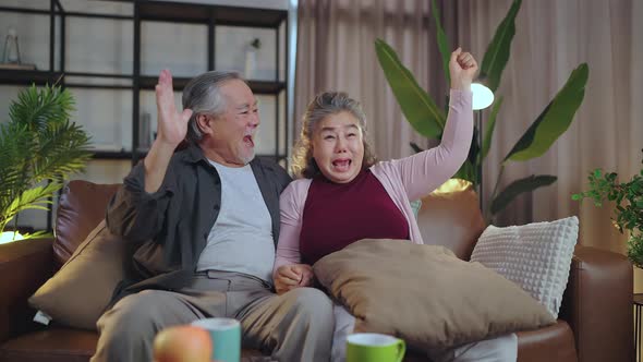 asian couple watching TV at home,old mature asian couple cheering sport games