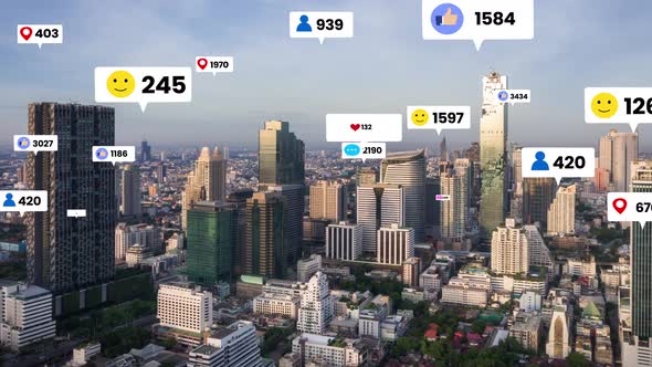 Social Media Icons Fly Over City Downtown Showing People Engagement Connection alt