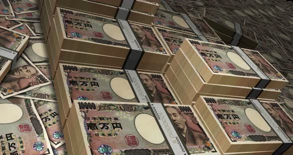 Japan Yen 10000 banknote packs - flying over JPY money stack alt