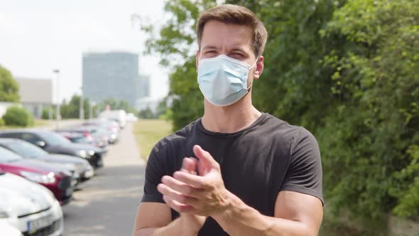 A Young Handsome Man in a Face Mask Applauds To the Camera in a Parking Lot in an Urban Area alt