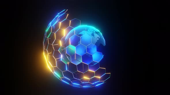 Digital planet. Blue glowing hexagonal mesh