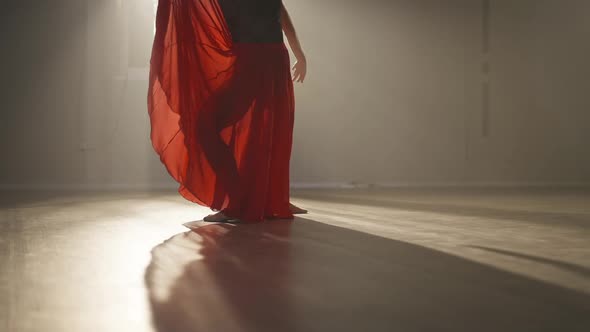 Legs of Slim Ballerina in Scarlet Red Skirt Jumping and Walking Back in Backlit Fog alt