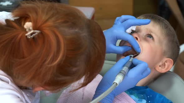 A little boy in a chair in the dental office. A female dentist in protective gloves removes dental 