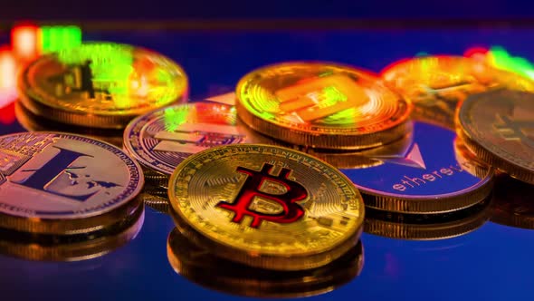 Bitcoin Coins with Global Trading Exchange Market Price Chart in the Background alt