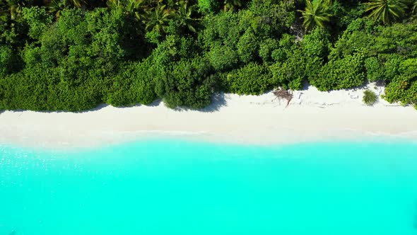 Aerial top down travel of idyllic island beach adventure by shallow ocean with white sand background alt