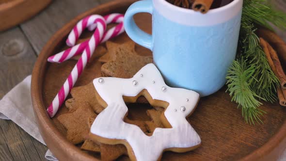 Hot Winter Drink: Chocolate in a Bare Mug. Christmas Time. Cozy Home Atmosphere, Wooden Background alt